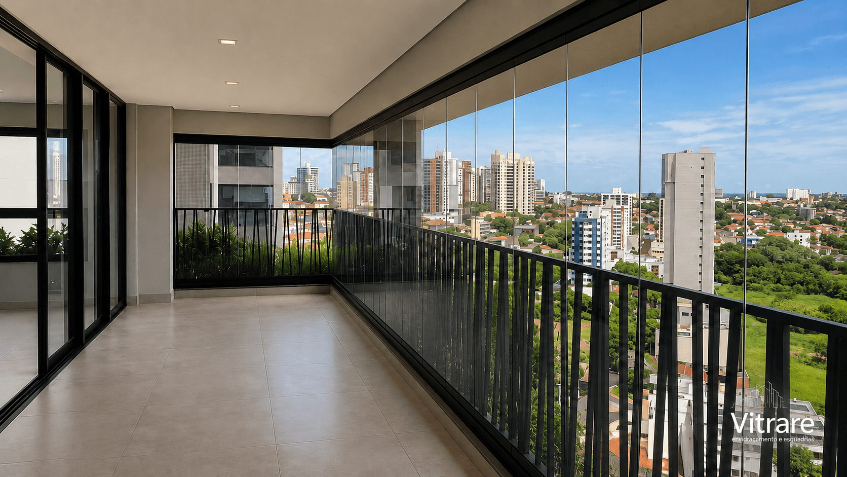 Sacada envidraçada com vista urbana, acabamento premium e luz natural